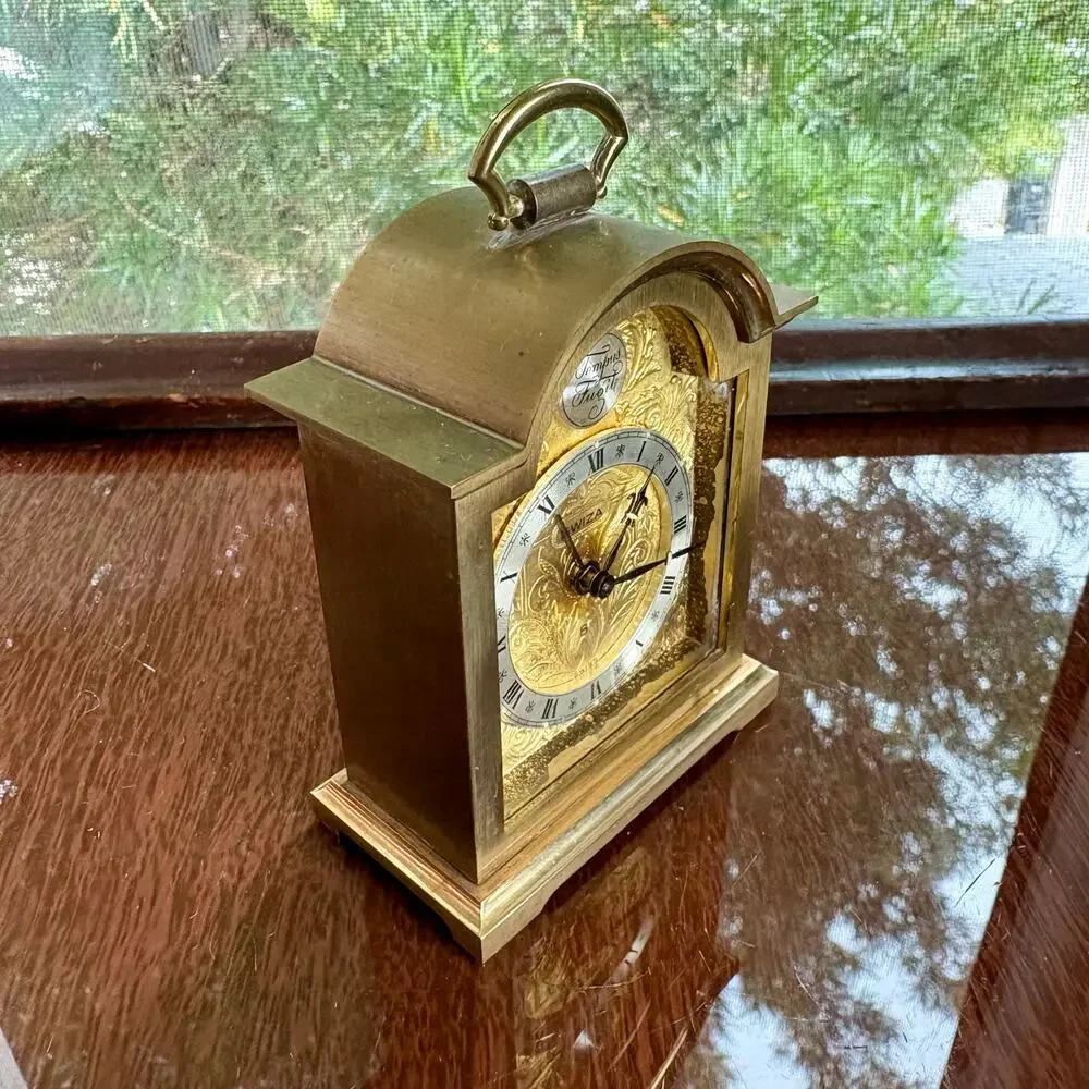 Vintage Swiza Swiss Brass Alarm Clock Tempus Fugit Mantel Clock